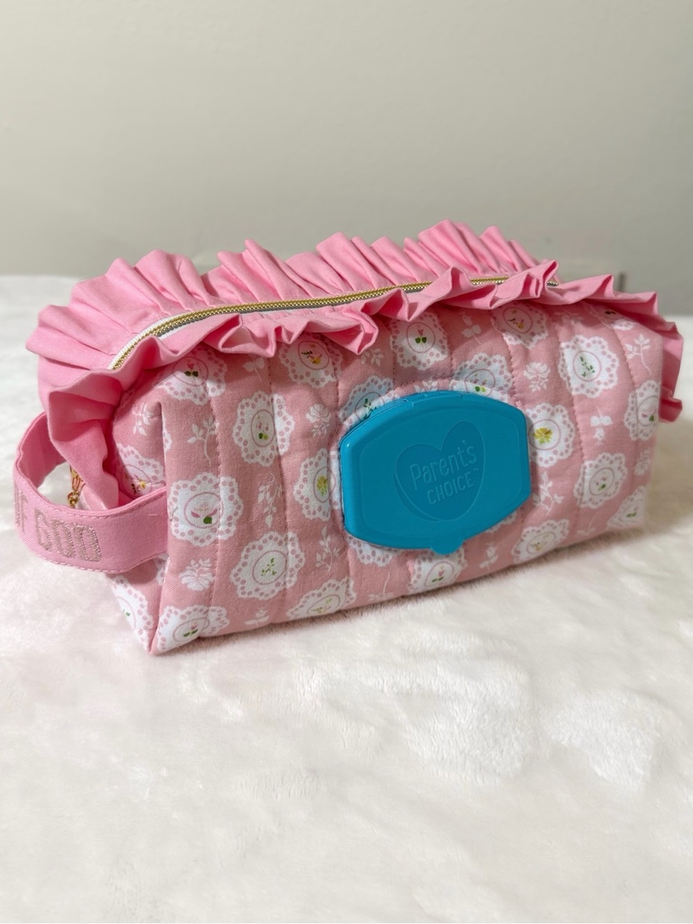 Ruffles Wipes Pouch with Embroidered “Child of God” Handle
